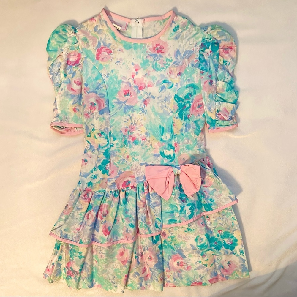 Vintage 80s Picture Perfect Floral Girls Dress w/ Bow 7 puff sleeve cotton pink